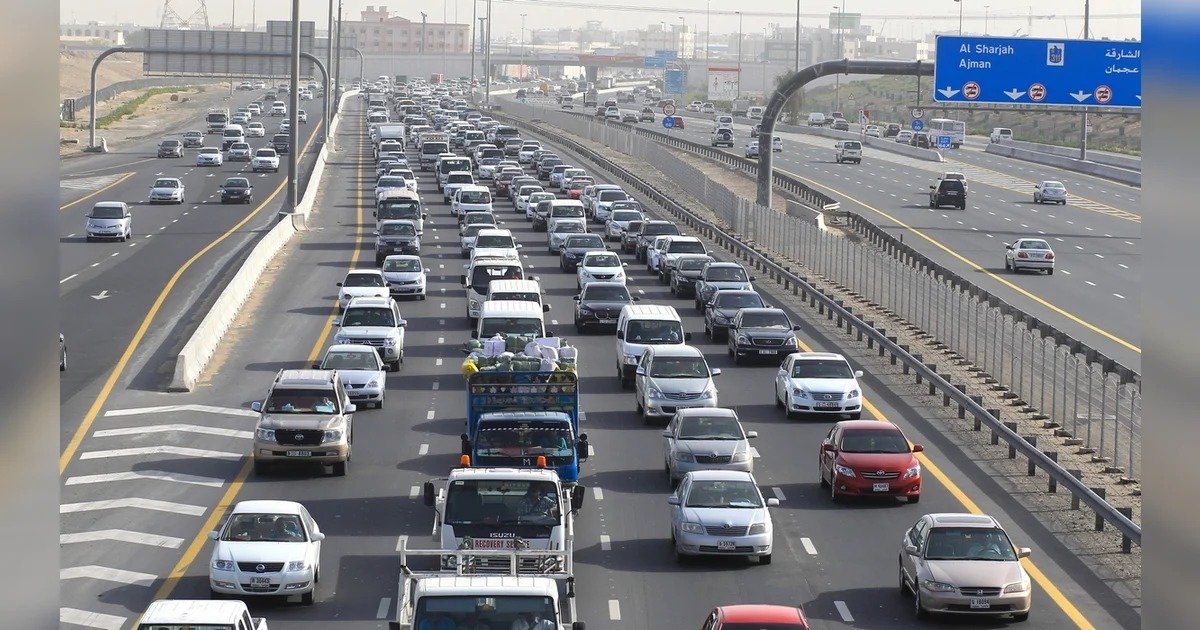 Heavy traffic on a major road between Dubai and Sharjah in the UAE