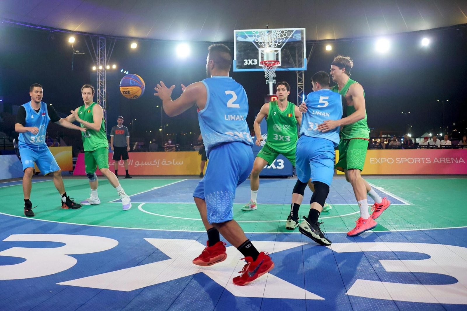 FIBA 3x3 basketball players compete during a professional three-on-three match