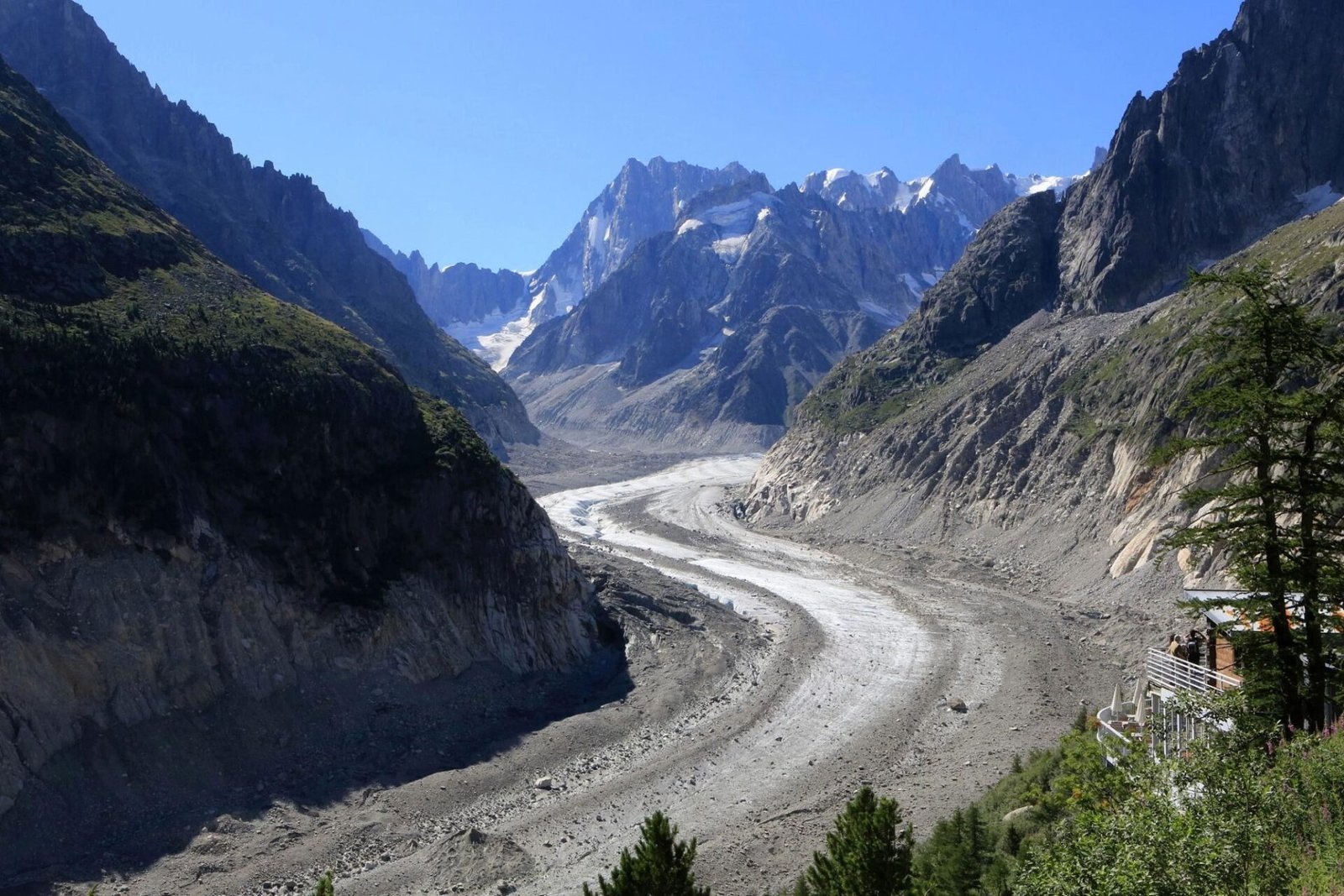 Mer de Glace glacier viewed from Montenvers in Chamonix, France, with tarpaulins covering the ice cave