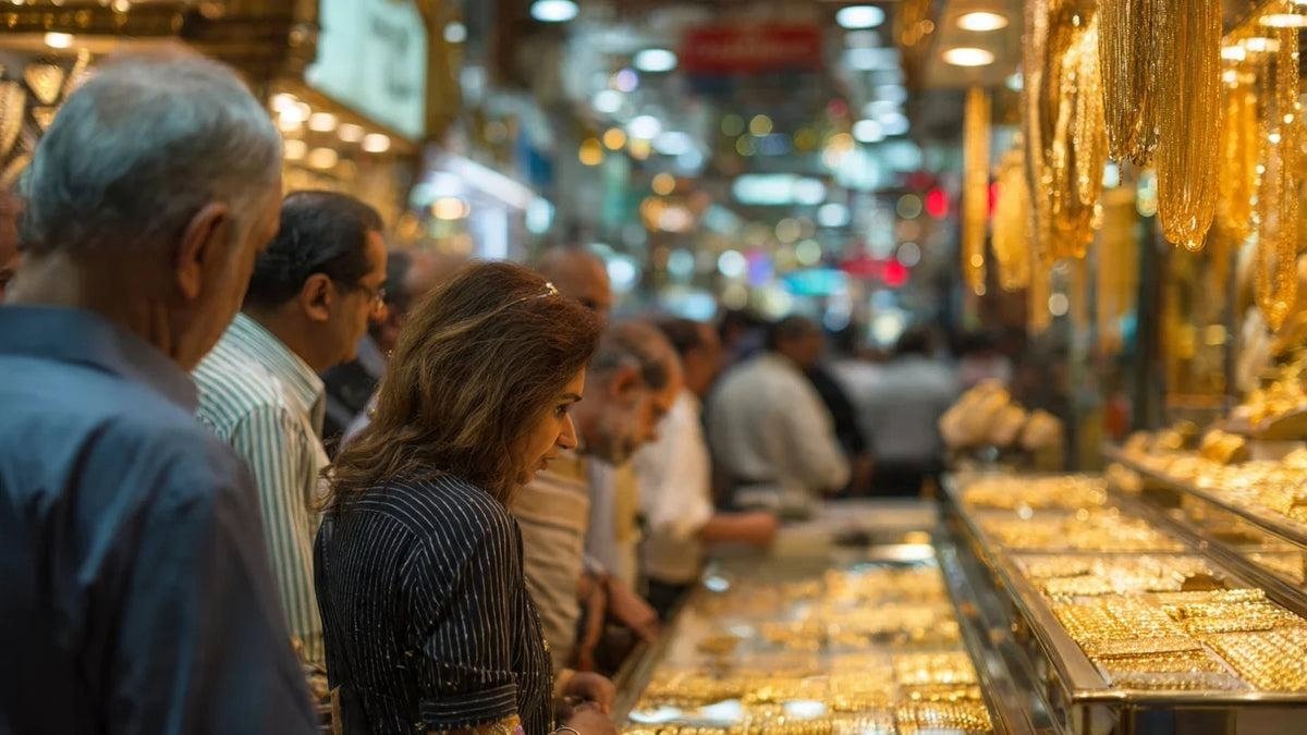 Gold jewellery displayed at a Dubai gold market as UAE gold prices rise after the US Federal Reserve rate hike