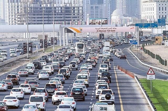 Heavy morning traffic on a major Dubai road during the Dubai-Sharjah commute
