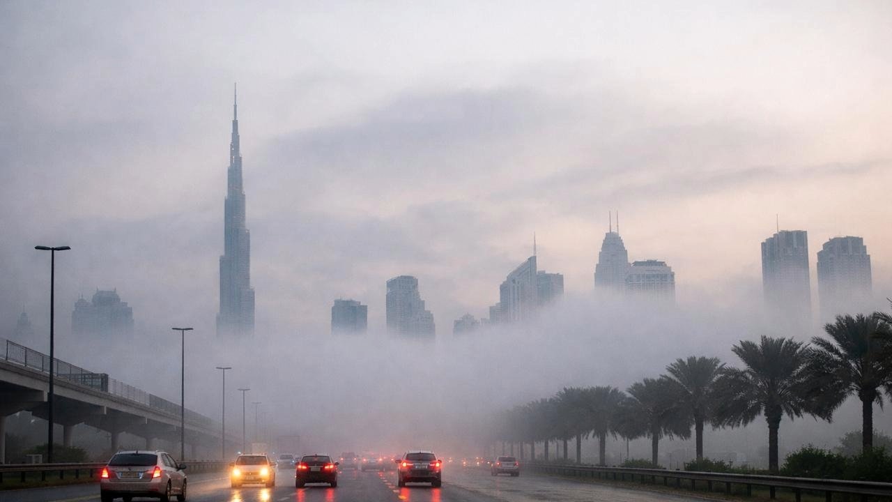Motorists drive through fog on a Dubai road as visibility is reduced