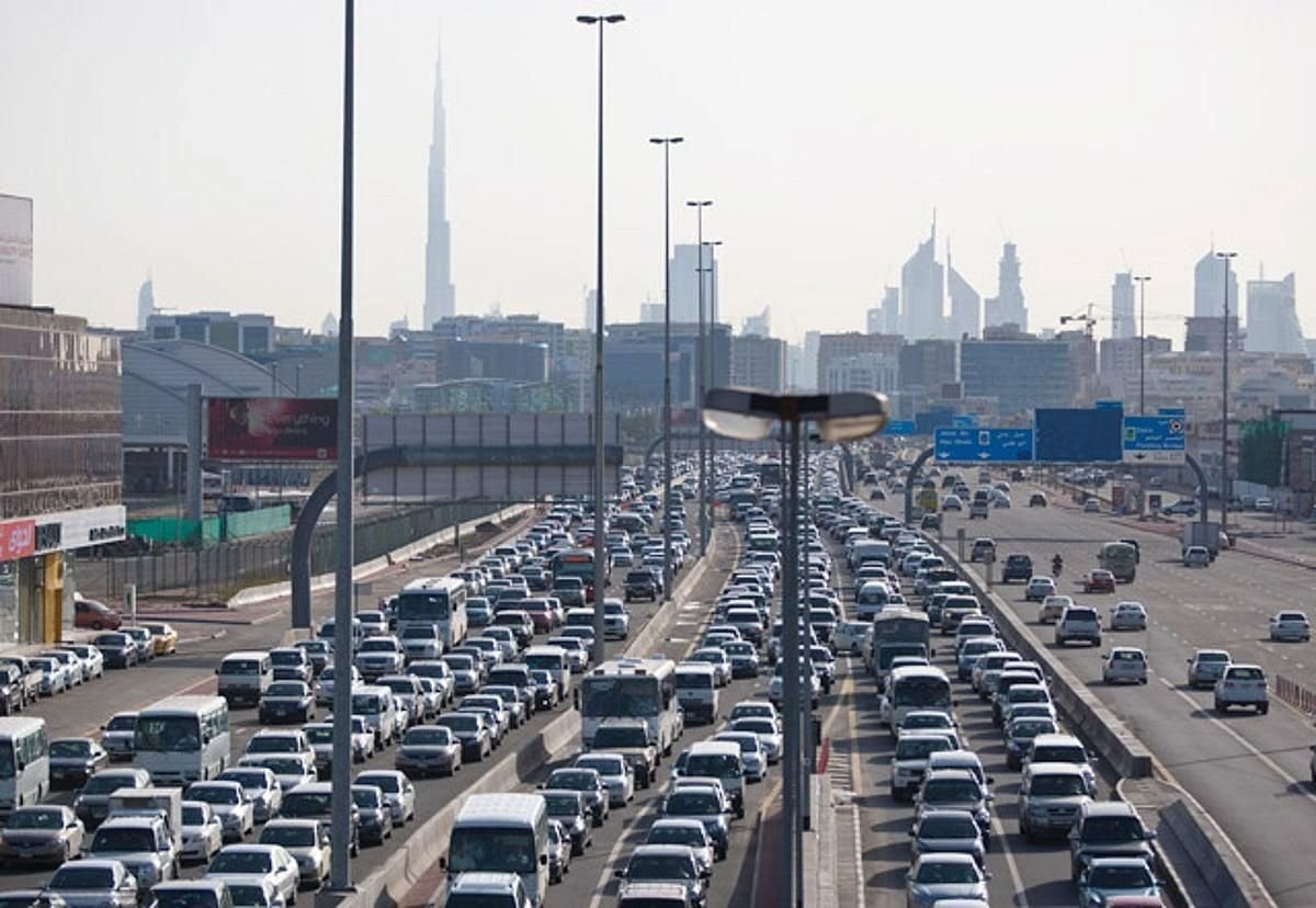 Heavy morning traffic on a major Dubai road during rush hour