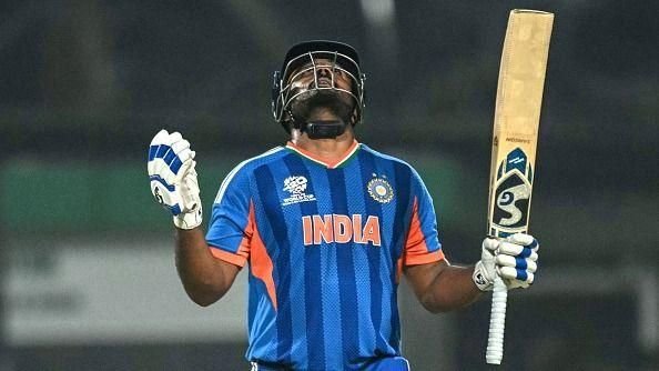 Sanju Samson celebrates his half-century for India against West Indies during the fourth T20I in Hyderabad on October 14, 2026.