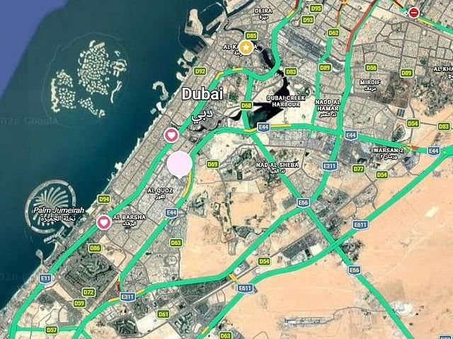 Morning traffic on a major Dubai highway during reported congestion on October 13, 2026.